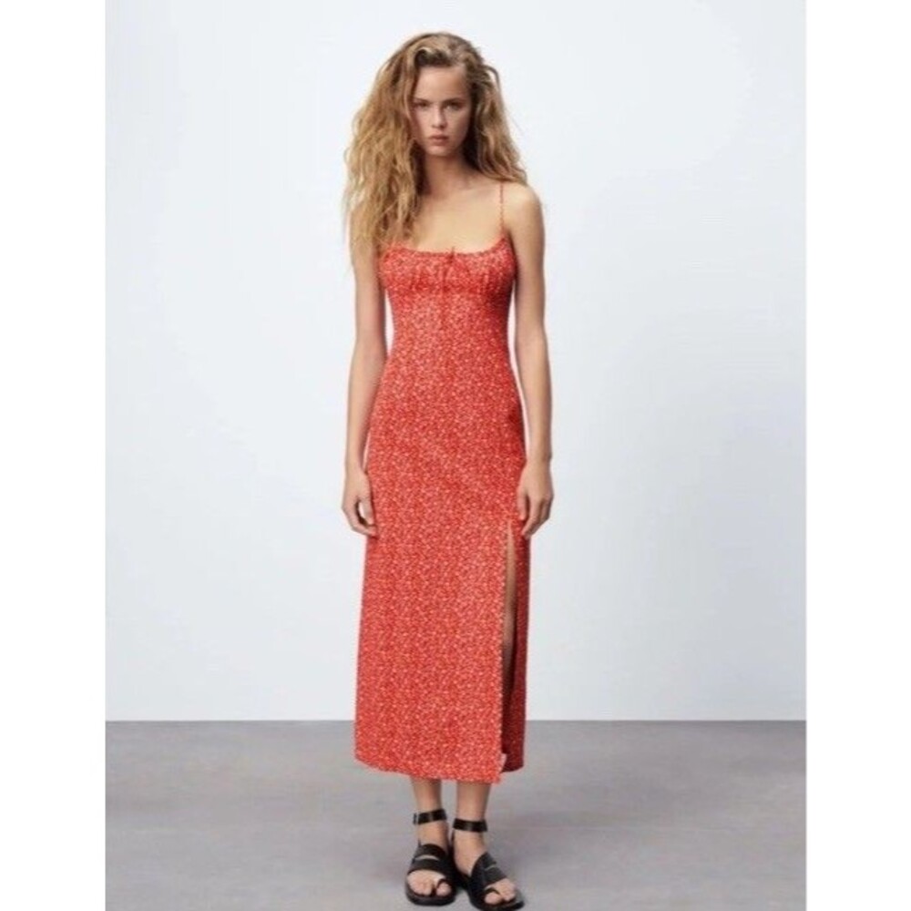 Zara XXL Dress Red Floral Midi Ditsy Side Slit Red Sleeveless Peasant Cottage - Picture 4 of 11